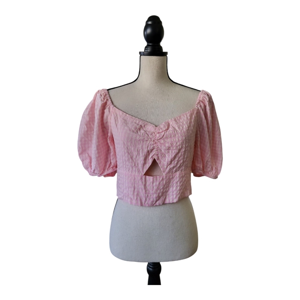 💕Elodie Pink Puff Sleeve Gingham Crop‎ Top Size L